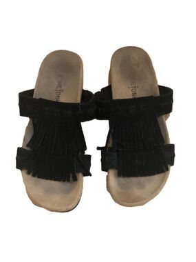 MINNETONKA sueded leather slide sandals two layer fringe black. Size 7